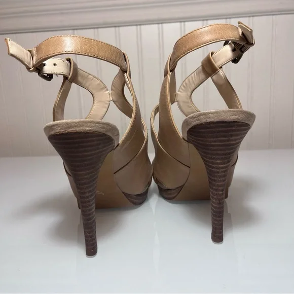 Nine West Marcalie Tan Leather Platform Sandals Strappy Peep Toe Block Heel sz 9 - Picture 2 of 16
